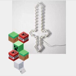 New Minecraft Diamond 16'' Sword Novelty Wall Light Neon & Blocks LED Panel Set